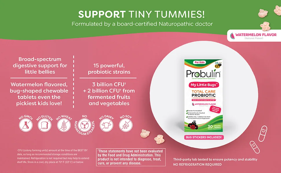 Probulin For Kids My Little Bugs Total Care Probiotic + Prebiotic & Postbiotic Watermelon 30 Chewable Tablets - my-little-bugs
