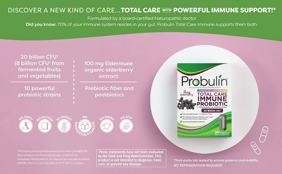 Probulin Total Care Immune Probiotic + Prebiotic & Postbiotic with Real Elderberry 20 Billion CFU 30 Capsules - total-care-immune