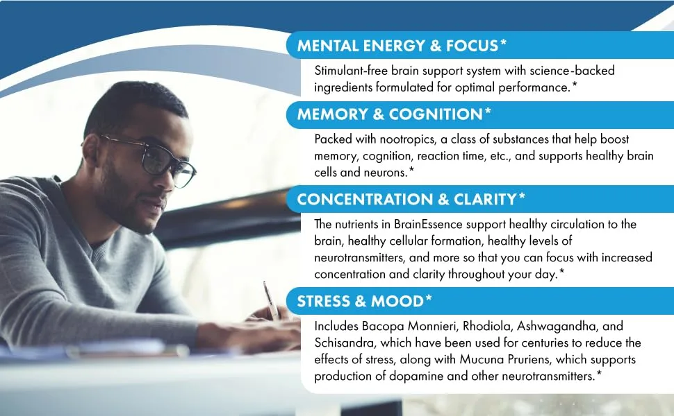 Pure Essence BrainEssence 60 Tablets - boosts your mental energy & focus, supports memory & cognition, concentration & clarity, stress