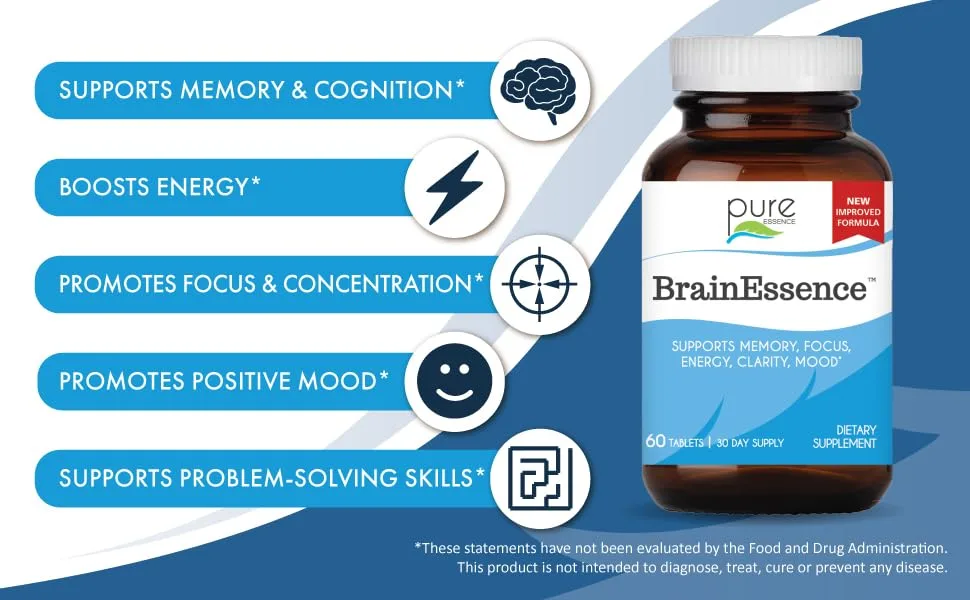Pure Essence BrainEssence 60 Tablets - memory & cognition, boosts energy, focus & concentration, positive mood, problem-solving skills