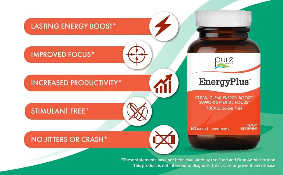 Pure Essence EnergyPlus 120 Tablets - lasting energy, improved focus, increased productivity, stimulant free, and no jitters or crash