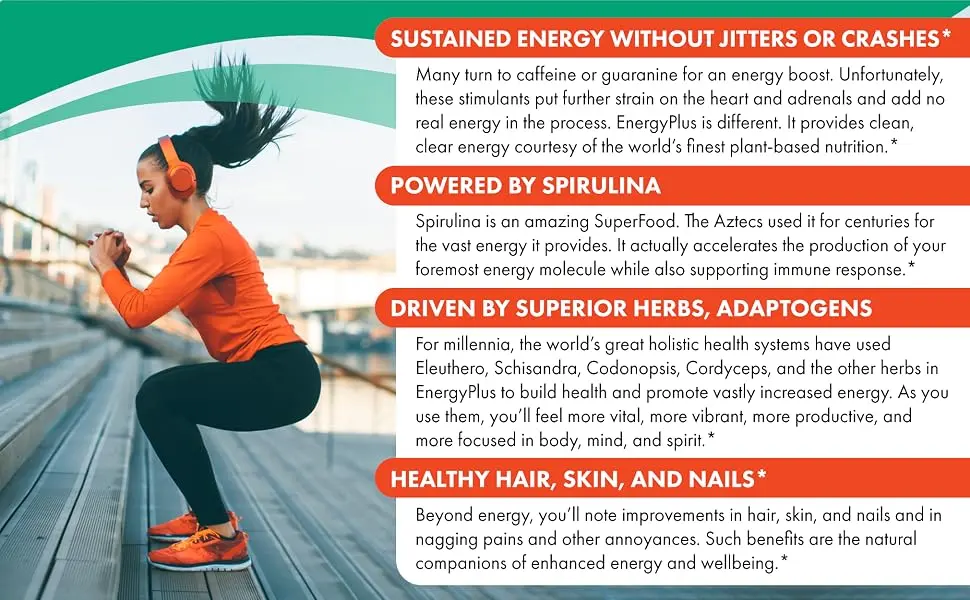 Pure Essence EnergyPlus 60 Tablets - Energy without the jitters or crash, powered by spirulina, supported by adaptogens