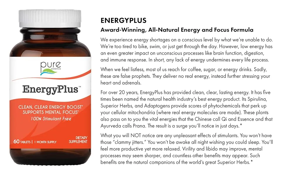 Pure Essence EnergyPlus 60 Tablets - EnergyPlus Award-winning, natural energy and focus formula