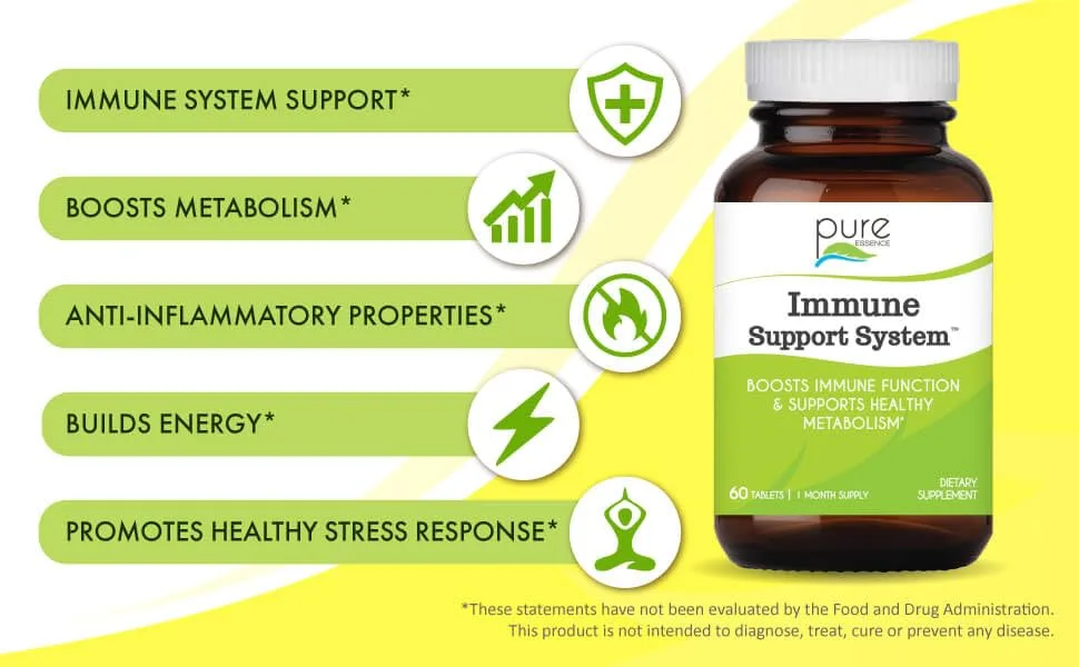 Pure Essence Immune Support System 60 Tablets - Reishi, Cordyceps, Lions Mane, Maitake