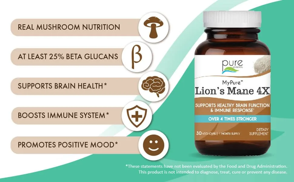 Pure Essence MyPure Lion's Mane 4X 60 Vegi-Caps - Great for immune support