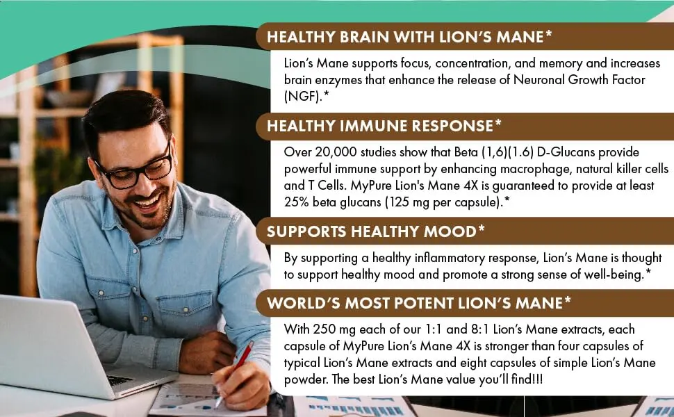 Pure Essence MyPure Lion's Mane 4X 60 Vegi-Caps - Immune Support