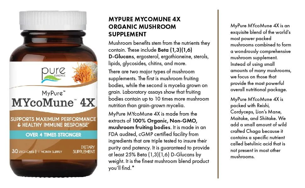 Pure Essence MyPure MYcoMune 4X 60 Vegi-Caps - Packe with beta glucans, from fruiting bodies