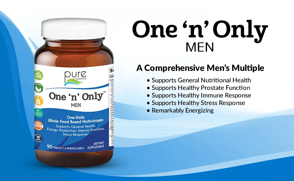 Pure Essence One 'n' Only Men  Whole Based Multivitamin 30 Tablets - 14.82oz calcium essential teeth bones heart nerves blood-clotting system body magnesium helps retain