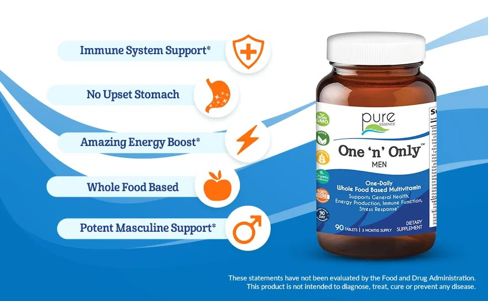 Pure Essence One 'n' Only Men  Whole Based Multivitamin 30 Tablets - minerals maintain proper acid alkaline balance blood calcium teeth kidney brain soft tissues