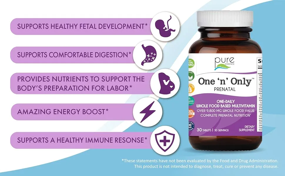 Pure Essence One 'n' Only PreNatal 30 Tablets - Supports healthy fetal development, comfortable digestion, energy, healthy immune response