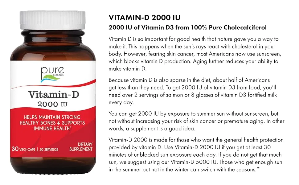 Pure Essence Vitamin-D 2000 IU 30 Vegi-Caps - 2000 IUs of Vitamin D3