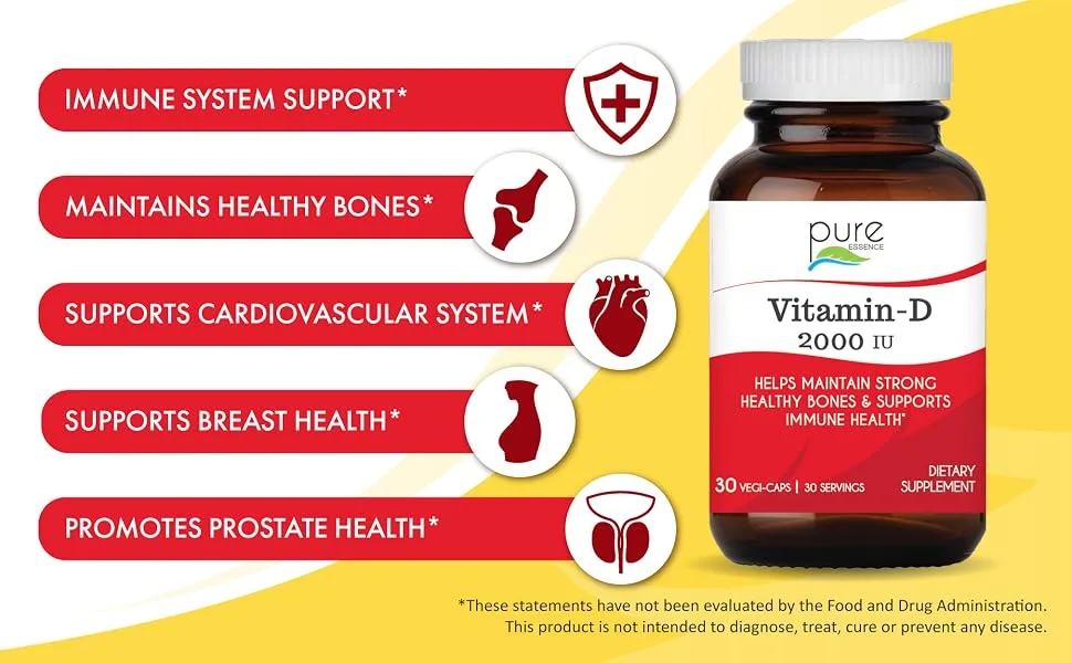 Pure Essence Vitamin-D 2000 IU 30 Vegi-Caps - Immune system, cardiovascular, breast health, and prostate health support, and healthy bones