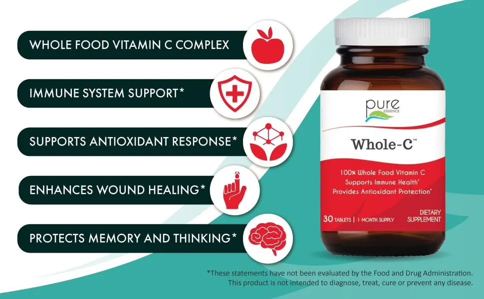 Pure Essence Whole C 30 Tablets - immune system support, antioxidant response, enhanced wound healing, protects memory & thinking