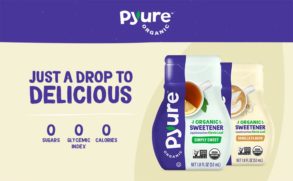 Pyure Organic Liquid Stevia Extract Vanilla 1.8 fl oz (53 ml) - Pyure Organic Sweetener Liquid Extract from Stevia Leaf. Just a drop of delicious.