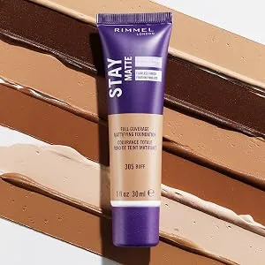 Rimmel London Stay Matte Full Coverage Mattifying Foundation 305 Buff 1 fl oz (30 ml) - Rimmel Stay Matte Liquid Mousse Foundation in buff shade with multiple swatches in the background