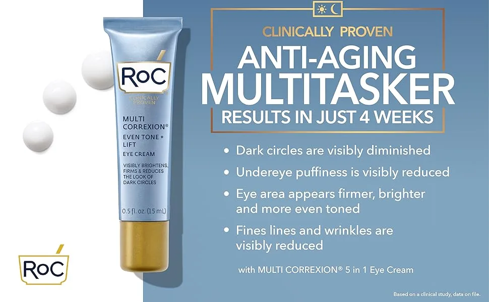 RoC Multi Correxion 5 in 1 Anti-Aging Eye Cream for Puffiness Under Eye Bags & Dark Circles Skin Care Treatment with Shea Butter - 5 Oz - Multi Correxion 5in1 Even Tone + Lift Eye Cream