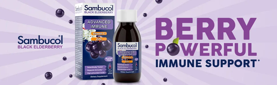 Sambucol Black Elderberry Syrup Advanced Immune Vitamin C + Zinc Natural Berry 4 fl oz (120 ml) - Berry Powerful Immune Support