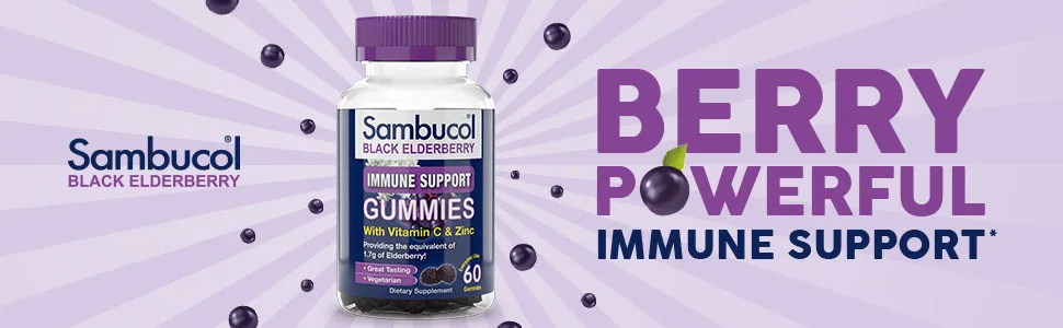 Sambucol Black Elderberry Immune Support Gummies with Vitamin C & Zinc Natural Berry 60 Gummies - Sambucol Black Elderberry Gummies, 60 Count