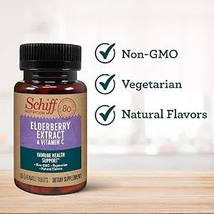 Schiff Elderberry Extract & Vitamin C 60 Chewable Tablets - Bottle of Schiff Elderberry & Vitamin Cr, non-GMO, vegetarian, natural flavors