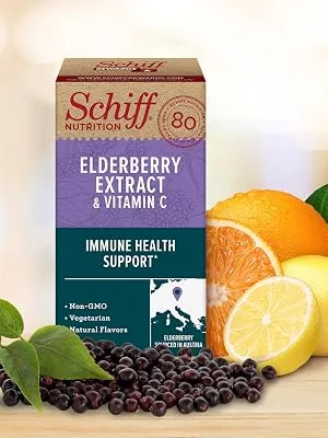 Schiff Elderberry Extract & Vitamin C 60 Chewable Tablets - Box of Schiff Elderberry Extract & Vitamin C with elderberries and citrus fruits at base