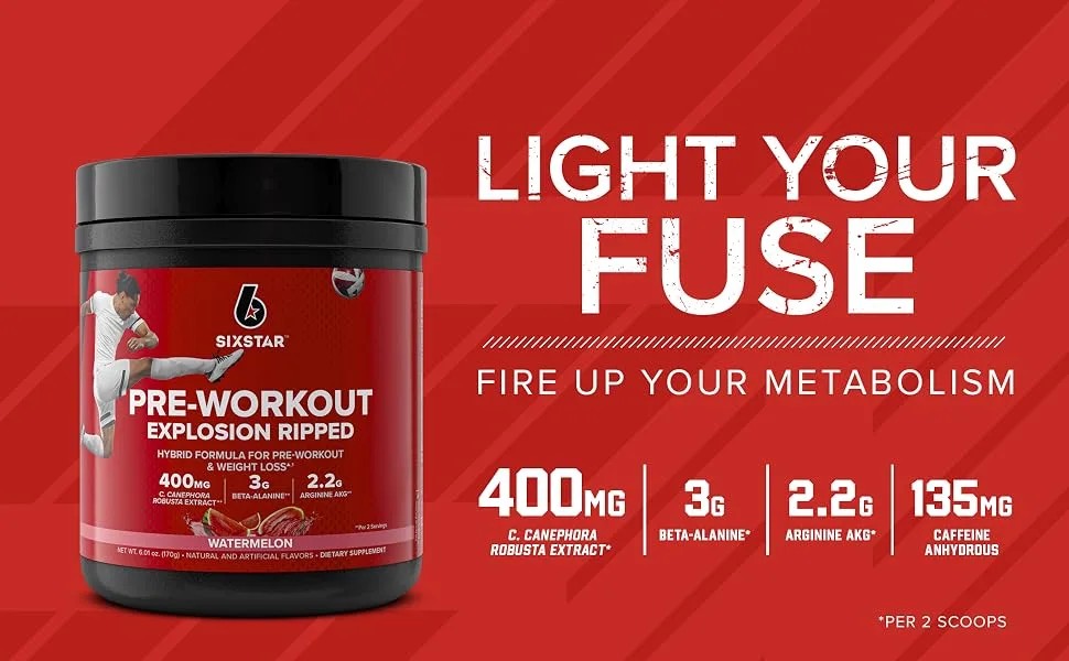 Six Star Pre-Workout Explosion Ripped Watermelon 5.91 oz (168 g) - Light Your Fuse