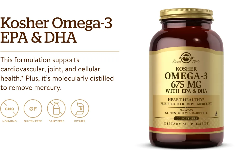 Solgar Kosher Omega-3 675 mg 100 Softgels - Cardiovascular, Joint & Cellular Health - Omega-3 Fatty Acids EPA & DHA