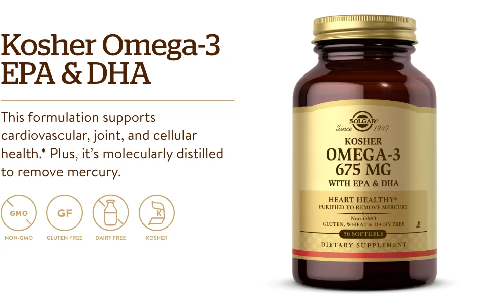 Solgar Kosher Omega-3 675 mg 50 Softgels - Cardiovascular, Joint & Cellular Health - Omega-3 Fatty Acids EPA & DHA