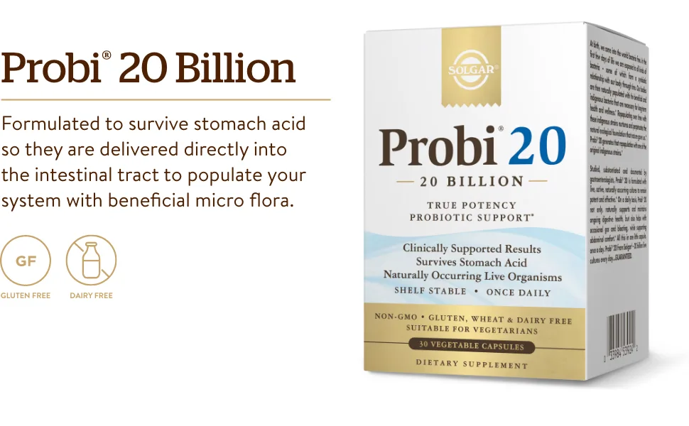 Solgar Probi 20 Billion 30 Vegetable Capsules - Probiotic - Supports Digestive Health - Helps With Occasional Gas & Bloating