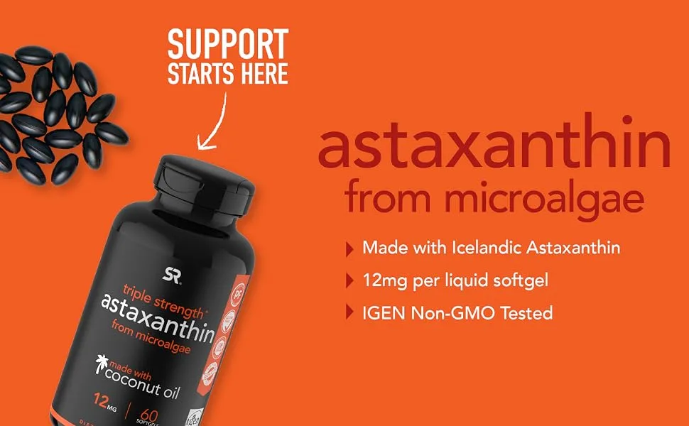 Sports Research® Triple Strength Astaxanthin 12mg w/Organic Coconut Oil - Antioxidant Supplement for Skin & Eye Health Support* - Soy Free · Non-GMO · Gluten Free - 60 Softgels - Astaxanthin
