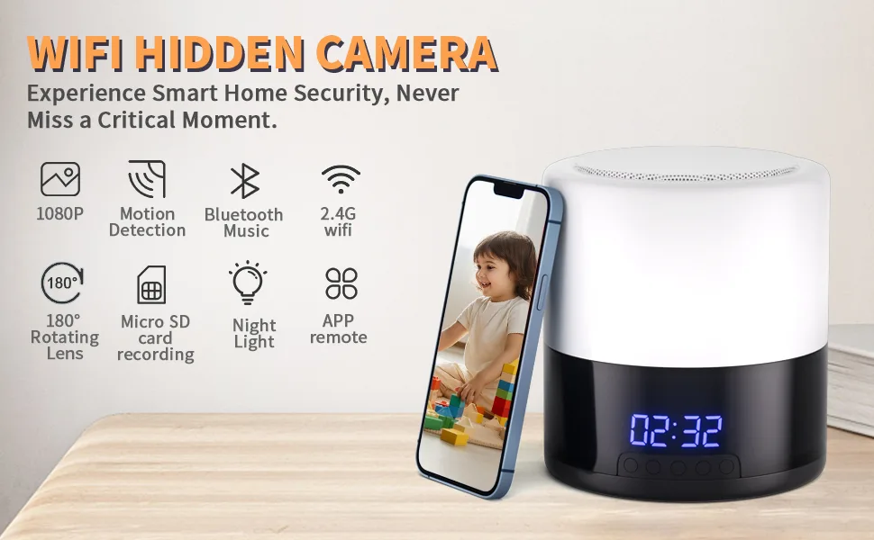 Spy Camera Hidden Camera Bluetooth Speaker, Hidden Spy Camera with Video, 1080P Nanny Cam Hidden Camera with 180Â°Rotating Lens, WiFi Hidden Camera Clock Night Light with Night Vision, Motion Detection - indoor camera hidden camera surveillance camera hidden cameras for home mini camera spy