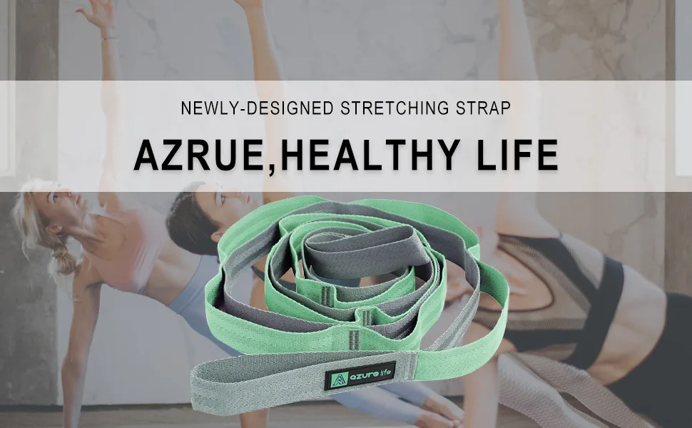A AZURELIFE Premium Durable Cotton Stretch Non-Elastic Yoga Strap for Stretching - Green-12 loops - GREEN STRETCH STRAP