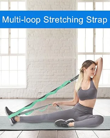 A AZURELIFE Premium Durable Cotton Stretch Non-Elastic Yoga Strap for Stretching - Green-12 loops - stretch strap