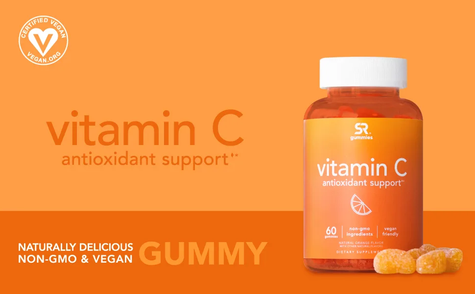 Sports Research Vitamin C Natural Orange 60 Gummies - Immune support antioxidant protecition
