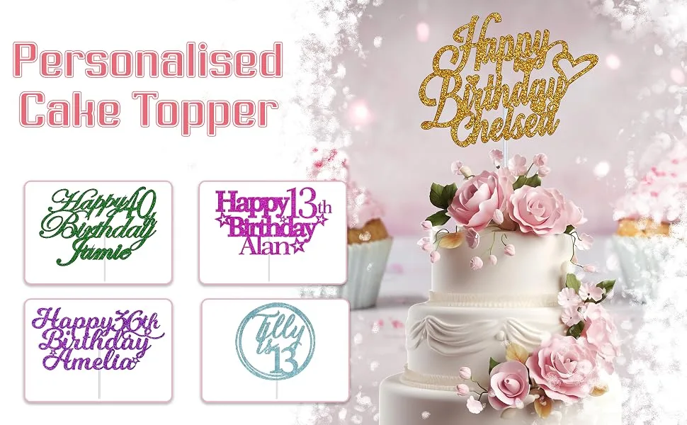 Personalize Pro Cake Topper Personalised Happy Birthday Cake Decorations Double Sided Glitter Cake Toppers With 1st 10th 13th 16th 18th 20th 21st 30th 50th 70th Any Name or Any Age Black - Happy Birthday Cake Topper