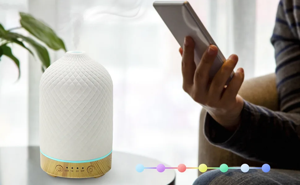 Essential Oil Diffuser Aromatherapy Air Cool Mist Diffuser 100ml Ceramic Aroma Scent Diffusers Humidifier with Auto Shut Off Ultrasonic Quiet/4 Timing Set/7 LED Lights for Home Office Sleep Lattice Wood - aromatherapy diffuser