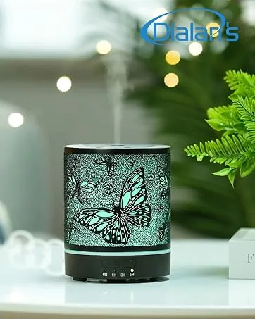 Essential Oil Diffuser Aromatherapy Air Cool Mist Diffuser 100ml Ceramic Aroma Scent Diffusers Humidifier with Auto Shut Off Ultrasonic Quiet/4 Timing Set/7 LED Lights for Home Office Sleep Lattice Wood - Butterfly Diffuser