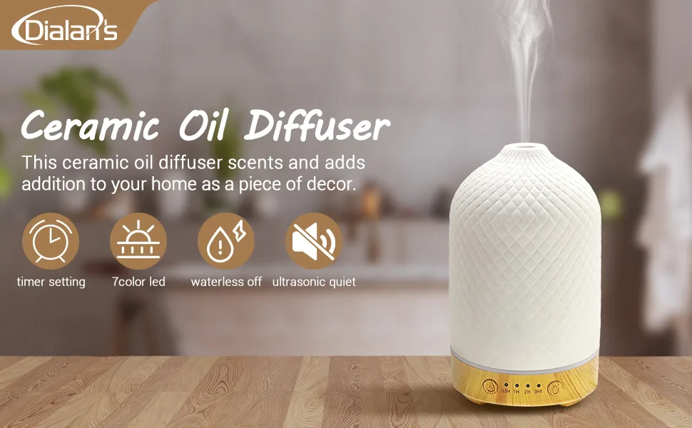 Essential Oil Diffuser Aromatherapy Air Cool Mist Diffuser 100ml Ceramic Aroma Scent Diffusers Humidifier with Auto Shut Off Ultrasonic Quiet/4 Timing Set/7 LED Lights for Home Office Sleep Lattice Wood - Ceramic Oil Diffuser for home