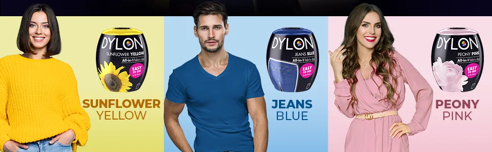 DYLON Spring Bundle Washing Machine Fabric Dye Pods for Clothes & Soft Furnishings Sunflower Yellow Jeans Blue and Peony Pink - colours
