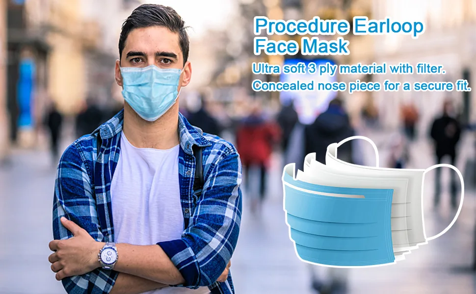 NU R Disposable Face Mask 3Ply Mask with Filter Layer and Elastic Earloop Retail 50pcs/box BLUE 400PCS - A men wearing a procedure Earloop face mask