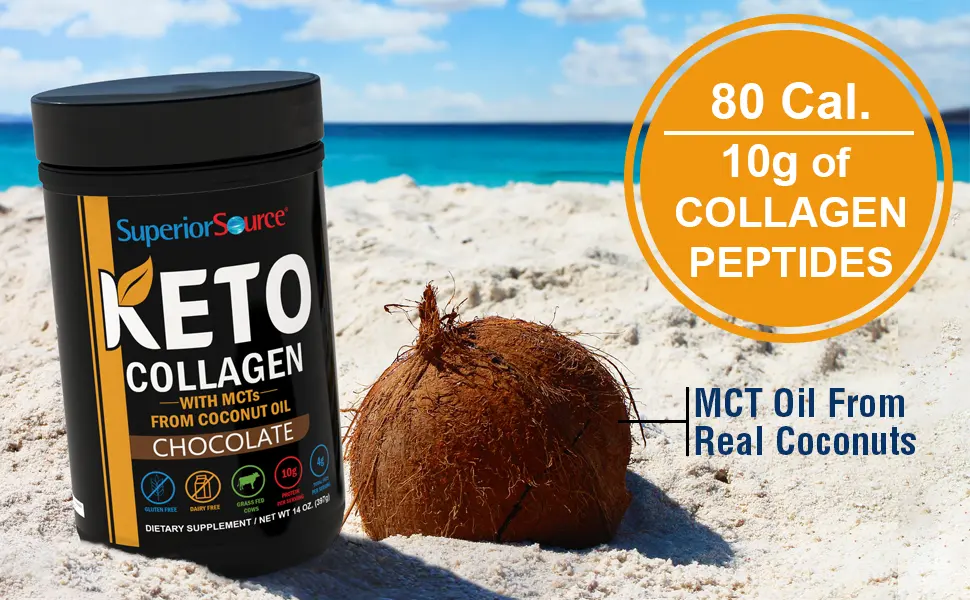 Superior Source Keto Collagen Powder with MCTs Chocolate 14 oz (397 g) - keto collagen peptides friendly paleo coconut organic mct oil chocolate cocoa
