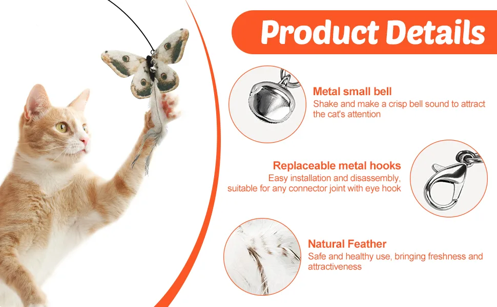 DONGKER 8pcs Cat Rod Replacement Feathers Interactive Cat Replacement Feathers With Bell for Cat Wand Toys Chasing Toys - product information 2