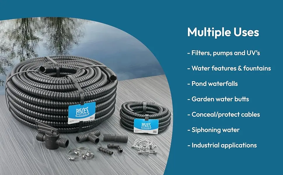 Pisces 38mm (1.5 inch) Black Pond Corrugated Flexible Hose Pipe - 5m Roll 5 38mm (1.5 inch) - uses