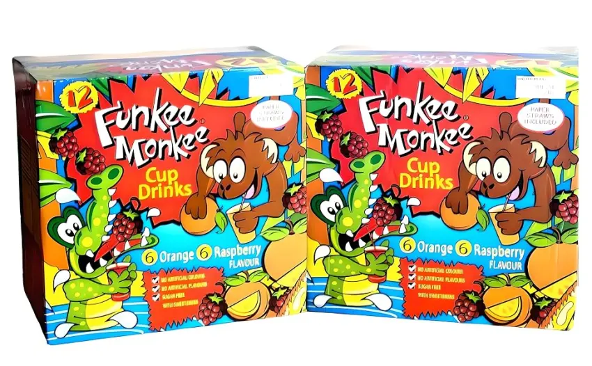 2 Pack Funkee Monkee Cup Drinks 12 x 200ml Box Set with Paper Straws Orange & Raspberry Flavors - FUNKEE