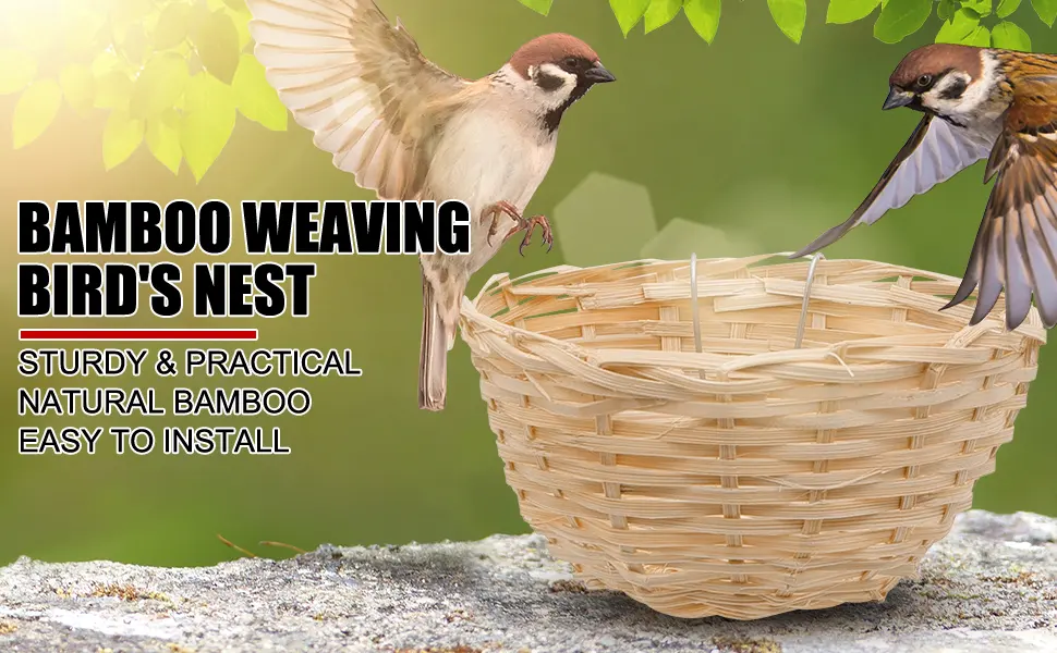 EVTSCAN 4 Pcs Hanging Round Handmade Bamboo Bird Nests for Cages with Hook for Breeding Finches Canaries Parrots Garden Aviaries Birdkeeping - B0BB2WSJ43