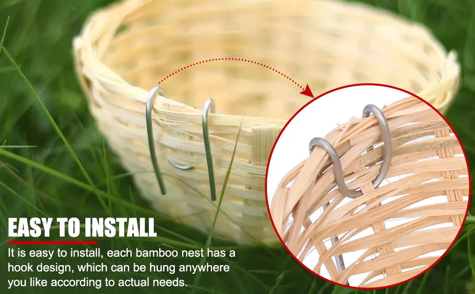 EVTSCAN 4 Pcs Hanging Round Handmade Bamboo Bird Nests for Cages with Hook for Breeding Finches Canaries Parrots Garden Aviaries Birdkeeping - B0BB2WSJ43