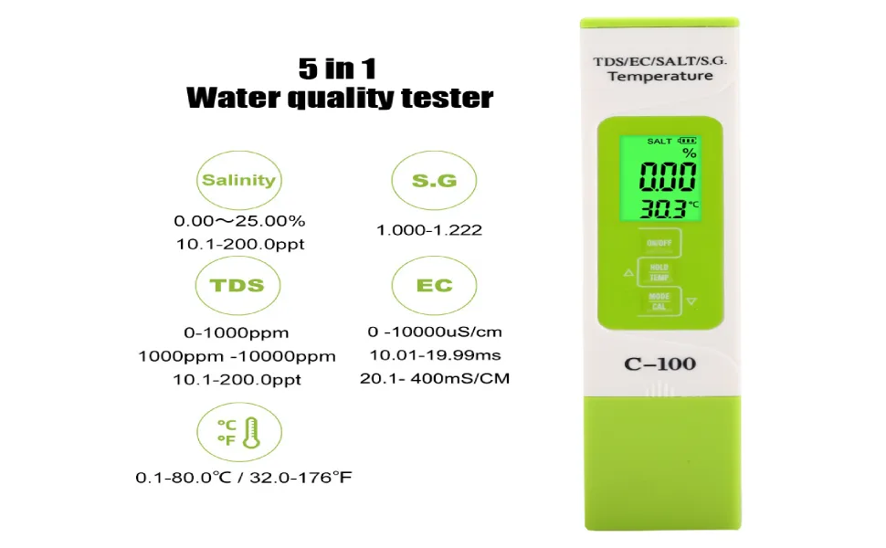 Fdit Marine Water Tester Portable Salinity/Temperature/TDS/EC Digital Seawater Quality Tester for Pools Aquariums & Saltwater - product information 2
