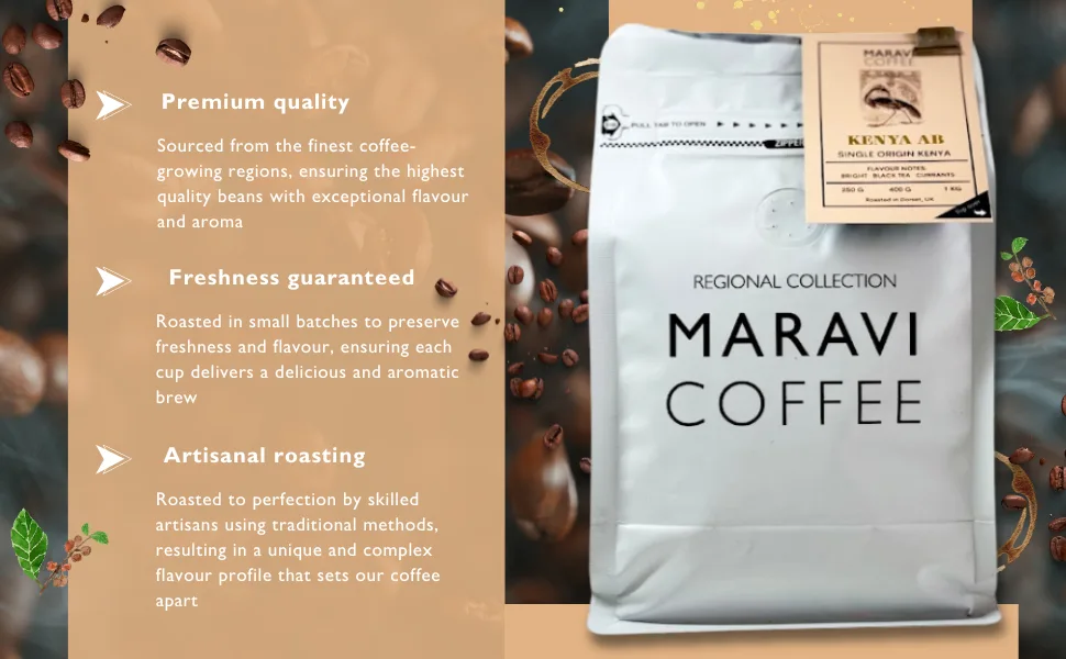 Maravi Speciality Coffee - Kenya AB Arabica Coffee - Whole Bean Coffee - Medium Roast - Black Tea & Currants Notes - 400g Whole Bean 400 g (Pack of 1) - Artisanal Roasting