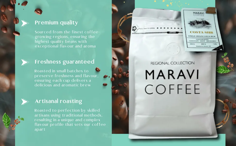 Maravi Speciality Coffee - Costa Rica SHB Arabica Coffee - Drip Grind Coffee - Medium Roast - Chocolate Grape & Macadamia Notes - 400g Drip Grind 400 g (Pack of 1) - Premium Quality