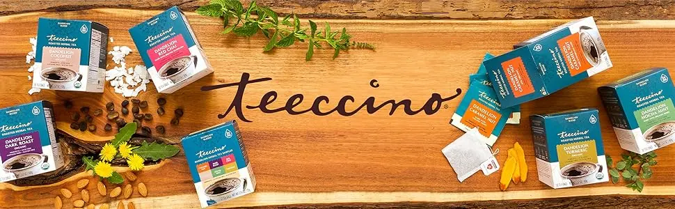 Teeccino Roasted Herbal Tea Dandelion Tea Sampler 6 Flavors Caffeine Free 12 Tea Bags 2.54 oz (72 g) - Teeccino Chicory Herbal Coffees and Roasted Herbal Teas are health alternatives to coffee.