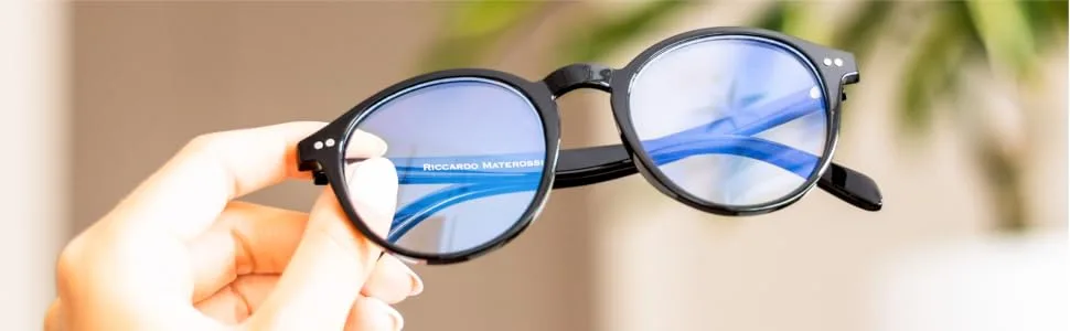 Riccardo Materossi - Premium 99.9% Blue Light Blocking Glasses (380-410nm) - Reduce Headaches and Improve Sleep - UK Based Brand 2 Pack Black Round Frame & Tortoiseshell Round Frame - Round Black Banner
